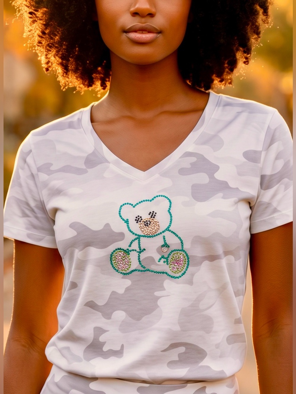 Rhinestone bear Camo V-Neck Top - White & Light Gray. Handmade.